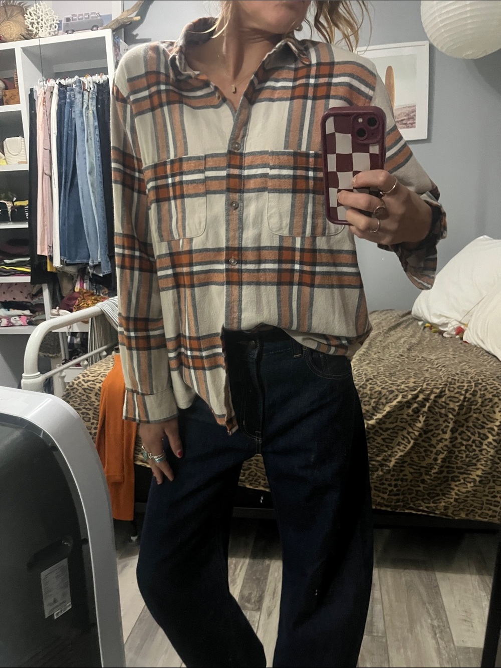Women’s Plaid Cozy Flannel Shirt in Cream & Orange